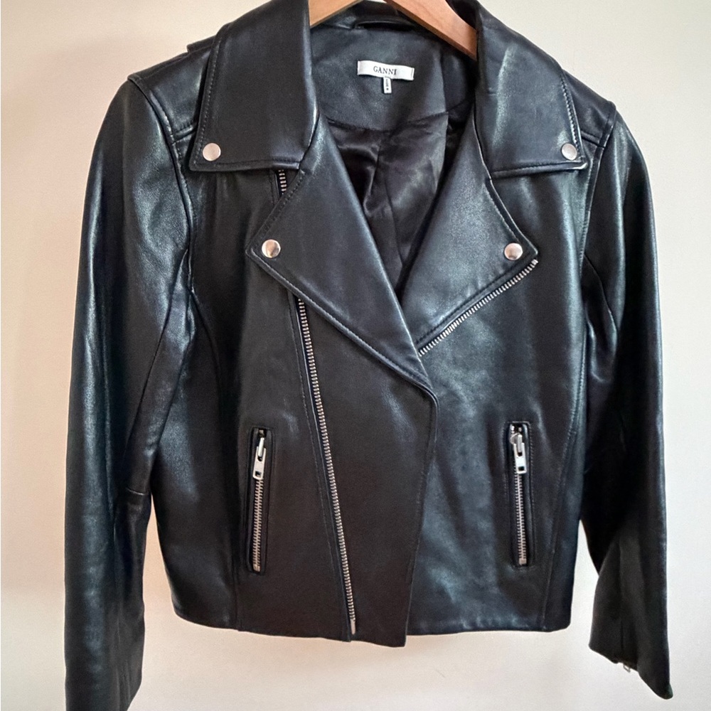 Ganni Black Leather Biker Jacket with Silver Details